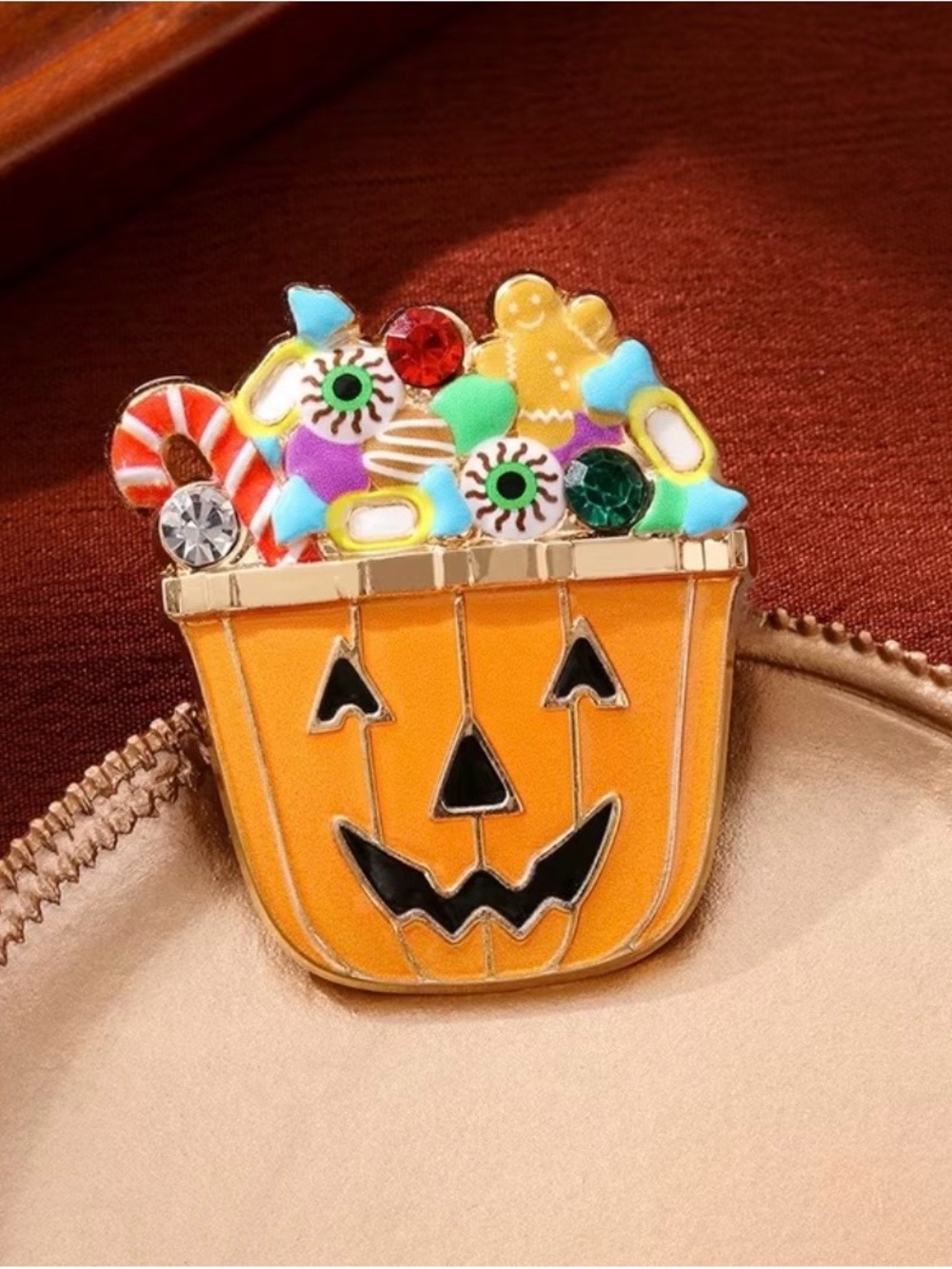 Halloween Pumpkin Candy Pin - Orange Trick-or-Treat Brooch